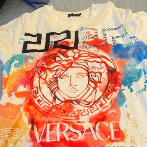 Like New Versace Graphic Medusa Logo Tee in White with Red & Blue Tie-Dye 🇮🇹